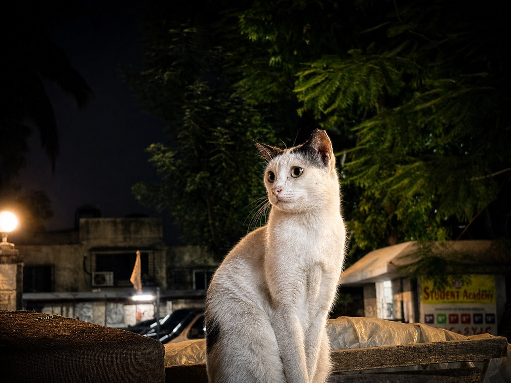 White cat at night, Student Academy sign behind